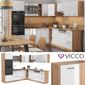 Vicco Küchenzeile Eckküche Einbauküche R-Line Ecke Eiche Weiß Küchenblock Hochglanz