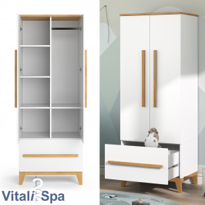 VitaliSpa Kleiderschrank Kinderzimmerschrank Aufbewahrungsschrank Malia Weiß Eiche modern 70x187 cm Kinderzimmer Möbel Babymöbel Schublade Tür Fach Kleiderstange Ablage Babyzimmerschrank