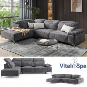 VitaliSpa Ecksofa Loungesofa Boxspringsofa James Anthrazit Relaxfunktion 218x86 cm modern Wohnzimmer Sofa Wohnzimmercouch Loungeecke Polstereckcouch Taschenfederkern USB-Anschluss Fußteil ausfahrbar