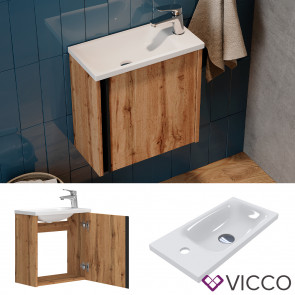 Vicco Waschbecken mit Unterschrank Kleo, 50 cm, Waschtisch mit Tür, Eiche Wandmontage