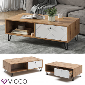 Vicco Couchtisch Nizza 110 x 37 cm, Artisan Weiß, moderner Tisch mit Ablagen