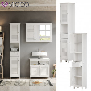 Vicco Hochschrank Riad, 32 x 170 cm, Weiß, 2 Türen, 1 Schublade, Badschrank, Badezimmer