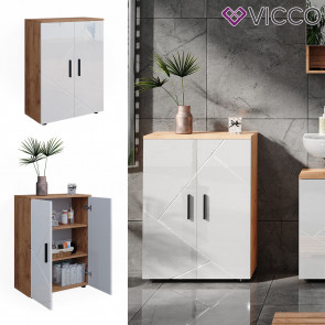 Vicco Badschrank Badezimmerkommode Badezimmermöbel Irma Eiche Weiß Hochglanz modern 60x81 cm Badezimmer Schrank Badmöbel 2 Türen 3 Fächer