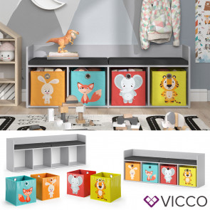 Vicco Sitzbank Kinderzimmerbank Kinderregal Luigi Hellgrau 142x53 cm modern Faltbox Kinderzimmer Regal Aufbewahrungsregal Bücherregal Lesebank Spielzeugaufbewahrung Organizer Regal-Bank-Kombi 4 Fächer