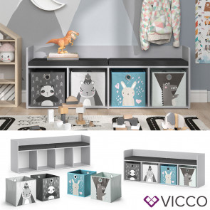 Vicco Sitzbank Kinderzimmerbank Kinderregal Luigi Hellgrau 142x53 cm modern Faltbox Kinderzimmer Regal Aufbewahrungsregal Bücherregal Lesebank Spielzeugaufbewahrung Organizer Regal-Bank-Kombi 4 Fächer