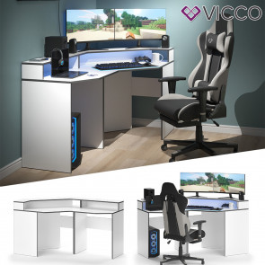 Vicco Computermöbelset Kron Weiß Grau modern Eckcomputertisch Schreibtisch Bürotisch PC-Tisch Arbeitszimmer Homeoffice Büromöbel Monitorempore