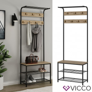 Vicco Garderobe Fyrk, 70 x 190 cm, Eiche Schwarz, Ablage, Bank & Schuhregal, Industrial