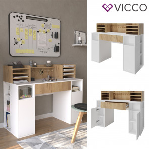 Vicco Schreibtisch Basteltisch XL 126,8 x 100 cm, Weiß Sonoma mit Regale, Schubfach