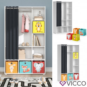 Vicco Kinderkleiderschrank Kinderzimmerschrank Kindergarderobe Luigi Weiß Faltbox 106 x 178 cm modern Schrankregal Jugendzimmerschrank Organizer Vorhang Kleiderstange Fächer Aufbewahrung Spielzeugablage