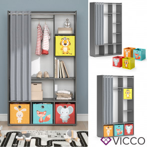 Vicco Kinderkleiderschrank Kinderzimmerschrank Kindergarderobe Luigi Grau Faltbox 106 x 178 cm modern Schrankregal Jugendzimmerschrank Organizer Vorhang Kleiderstange Fächer Aufbewahrung Spielzeugablage