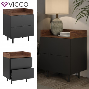 Vicco Nachttisch Anika, 54 x 68 cm, Anthrazit Walnussbraun mit 2 Schubfächer