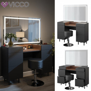 Vicco Schminktisch Anika 120 x 80 cm mit LED-Spiegel & Hocker, Anthrazit Walnussbraun, 6 Schubladen, Schlafzimmer