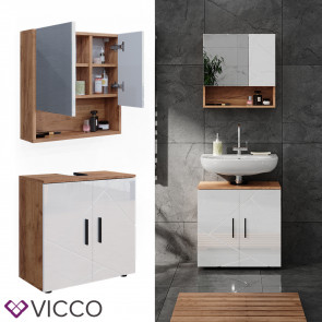 Vicco Badmöbelset Irma Eiche Weiß Hochglanz modern Badezimmerschrank Badschrank Badezimmermöbel Waschtischunterschrank Spiegelschrank Schranktür Schrankfach