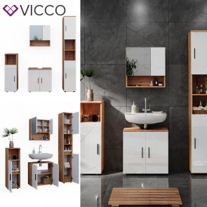 Vicco Badmöbelset Irma Eiche Weiß Hochglanz modern Badezimmerschrank Badschrank Badezimmermöbel Waschtischunterschrank Spiegelschrank Hochschrank Midischrank Schranktür Schrankfach