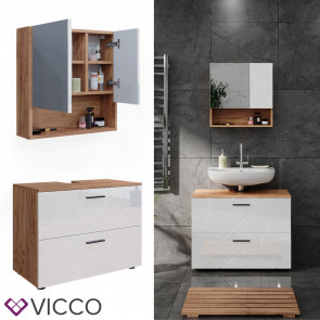 Vicco Badmöbelset Irma Eiche Weiß Hochglanz modern Badezimmerschrank Badschrank Badezimmermöbel Waschtischunterschrank Spiegelschrank Schrankschublade Schrankfach Schranktür