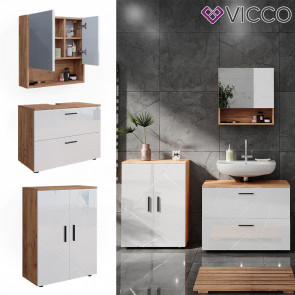 Vicco Badmöbelset Irma Eiche Weiß Hochglanz modern Badezimmerschrank Badschrank Badezimmermöbel Waschtischunterschrank Spiegelschrank Kommode Schranktür Schrankschublade Schrankfach