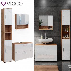 Vicco Badmöbelset Irma Eiche Weiß Hochglanz modern Badezimmerschrank Badschrank Badezimmermöbel Waschtischunterschrank Spiegelschrank Hochschrank Schrankschublade Schranktür Schrankfach