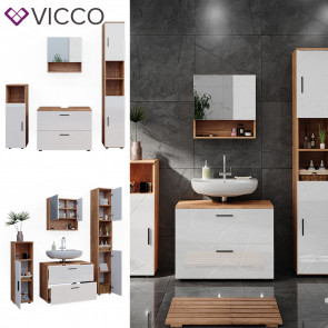 Vicco Badmöbelset Irma Eiche Weiß Hochglanz modern Badezimmerschrank Badschrank Badezimmermöbel Waschtischunterschrank Spiegelschrank Midischrank Hochschrank Schrankschublade Schranktür Schrankfach