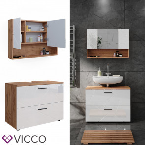 Vicco Badmöbelset Irma Eiche Weiß Hochglanz modern 80 cm Badezimmerschrank Badschrank Badezimmermöbel Waschtischunterschrank Spiegelschrank Schranktür Schrankfach Schrankschublade