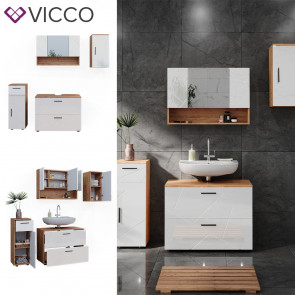 Vicco Badmöbelset Irma Eiche Weiß Hochglanz modern 80 cm 30 cm Badezimmerschrank Badschrank Badezimmermöbel Waschtischunterschrank Spiegelschrank Midischrank Hängeschrank Schranktür Schrankschublade