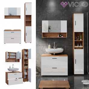 Vicco Badmöbelset Irma Eiche Weiß Hochglanz modern 80 cm 30 cm Badezimmerschrank Badschrank Badezimmermöbel Waschtischunterschrank Spiegelschrank Hochschrank Schranktür Schrankfach Schrankschublade