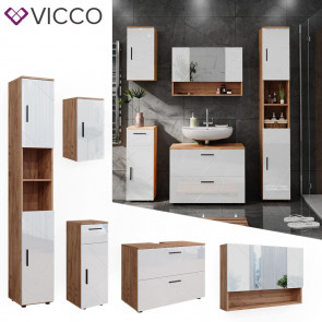 Vicco Badmöbelset Irma Eiche Weiß Hochglanz modern 80 cm 30 cm Badezimmerschrank Badschrank Badezimmermöbel Waschtischunterschrank Spiegelschrank Hochschrank Midischrank Hängeschrank Tür Schublade