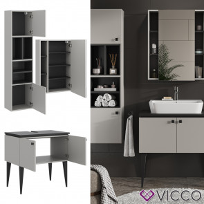 Vicco Badmöbel-Set Gerta in Grau-Schwarz, Badezimmer-Set, moderne Badserie, Spiegelschrank, Waschbeckenunterschrank, Hängeschrank mit 2 Türen