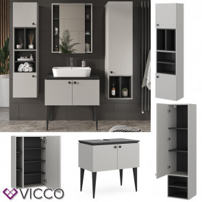 Vicco Badmöbel-Set Gerta in Grau-Schwarz, Badezimmer-Set, moderne Badserie, Spiegelschrank, Waschbeckenunterschrank, Hängeschrank