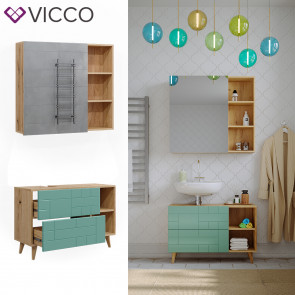 Vicco Badmöbel-Set Rudi in Eiche Evoke Mintgrün, Badezimmer, moderne Badserie Waschbeckenunterschrank Spiegelschrank 