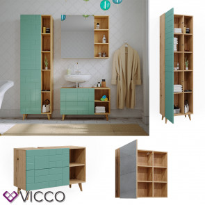 Vicco Badmöbel-Set Rudi in Eiche Evoke Mintgrün, Badezimmer, moderne Badserie Waschbeckenunterschrank Spiegelschrank Hochschrank