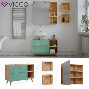 Vicco Badmöbel-Set Rudi in Eiche Evoke Mintgrün, Badezimmer, moderne Badserie Waschbeckenunterschrank Spiegelschrank Wandregal