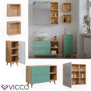 Vicco Badmöbel-Set Rudi in Eiche Evoke Mintgrün, Badezimmer, moderne Badserie Waschbeckenunterschrank Spiegelschrank Midischrank Wandregal