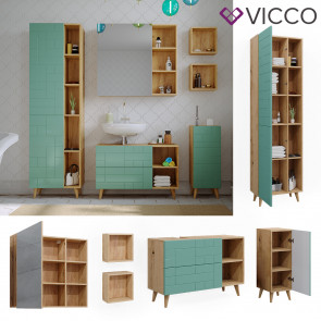 Vicco Badmöbel-Set Rudi in Eiche Evoke Mintgrün, Badezimmer, moderne Badserie Waschbeckenunterschrank Spiegelschrank Midischrank Hochschrank Wandregal