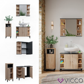 Vicco Badmöbel-Set Aquis, Sonoma Anthrazit, Badezimmer, moderne Badserie, Waschtischunterschrank, Spiegelschrank, Midischrank