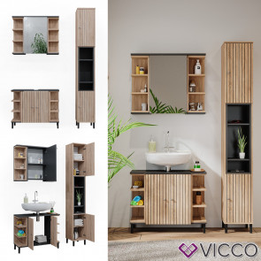Vicco Badmöbel-Set Aquis, Sonoma Anthrazit, Badezimmer, moderne Badserie, Waschtischunterschrank, Spiegelschrank, Hochschrank