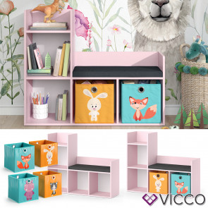 Vicco Regal mit Sitzbank Luigi 107 x 88 cm, Rosa, Kinderzimmer, mit 2 Faltboxen