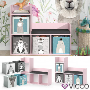 Vicco Regal mit Sitzbank Luigi 107 x 88 cm, Rosa, Kinderzimmer, mit 4 Faltboxen
