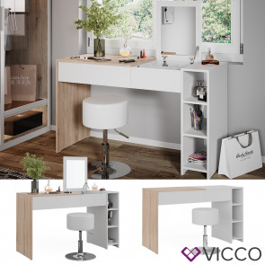 Vicco Schminktisch Kira, 129 x 76 cm, Weiß Sonoma, Frisiertisch, Spiegel, Hocker, modern