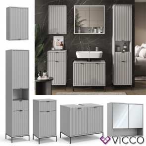 Vicco Badmöbel-Set Eliza, Grau, Badezimmer, moderne Badserie, extravagante Fronten, Waschtischunterschrank, Spiegelschrank, Midischrank, Hängeschrank, Hochschrank