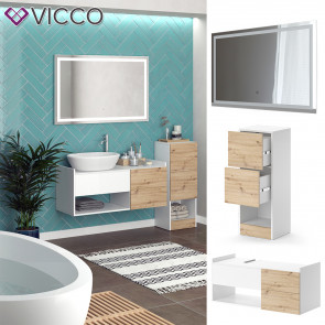 Vicco Badmöbel-Set Alf, Weiß Artisan Eiche, Badezimmer, moderne Badserie, Waschtischunterschrank, LED-Spiegel, Midischrank