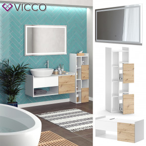 Vicco Badmöbel-Set Alf, Weiß Artisan Eiche, Badezimmer, moderne Badserie, Waschtischunterschrank, LED-Spiegel, Hochschrank