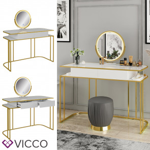 Vicco Schminktisch Tiara, 110 x 122 cm, Weiß Gold, Frisiertisch mit LED-Spiegel
