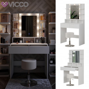 Vicco Schminktisch Taylor 80 x 146,5 cm Weiß modern LED Spiegel Hocker Frisiertisch