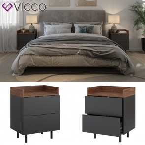 Vicco Nachttisch 2er-Set Anika, 54 x 68 cm, Anthrazit Walnussbraun, Schubfächer