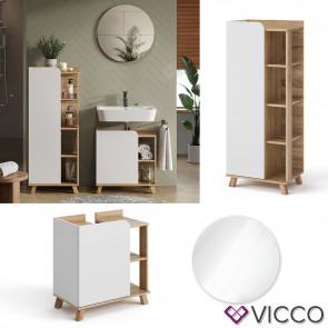 Vicco Badmöbel-Set Karen, Sonoma Weiß, moderne Badezimmerserie, 2 Farben, Waschtischunterschrank, Badspiegel, Midischrank