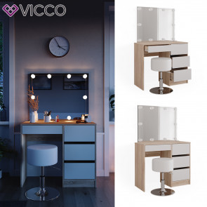 Vicco Schminktisch Sherry Sonoma Weiß, 90 x 75 cm, Spiegel, LED & Hocker, modern