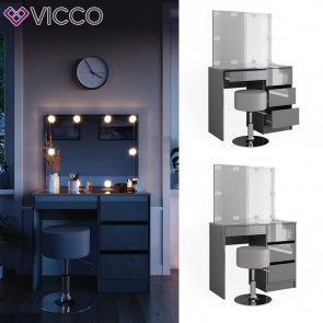 Vicco Schminktisch Sherry Grau Hochglanz, 90 x 75 cm, Spiegel, LED & Hocker