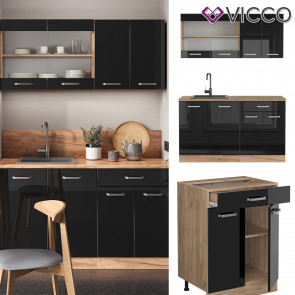 Vicco Küchenzeile R-Line Solid Eiche Schwarz 140 cm modern Küchenschränke Küchenmöbel