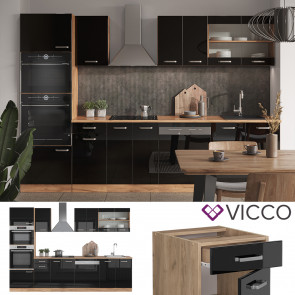 Vicco Küchenzeile R-Line Solid Eiche Schwarz 300 cm modern Küchenschränke Küchenmöbel