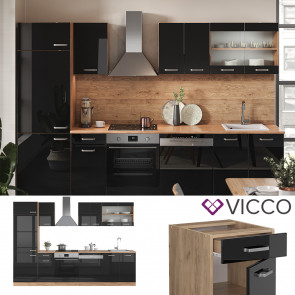 Vicco Küchenzeile R-Line Solid Eiche Schwarz 300 cm modern Küchenschränke Küchenmöbel